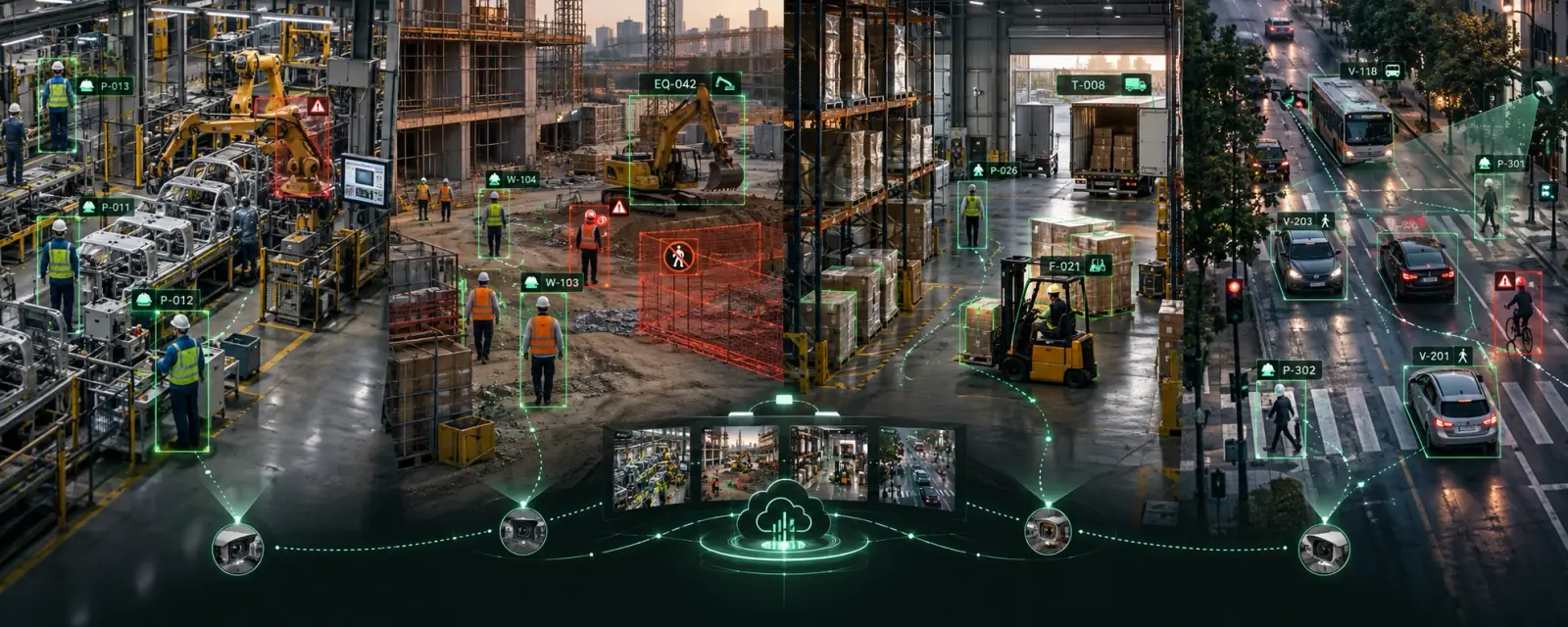 Vision AI detecting people and vehicles across a factory, a construction site, a warehouse and a road.